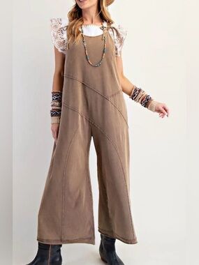 Easel size medium Boho Wide-Leg Taupe Jumpsuit mineral wash